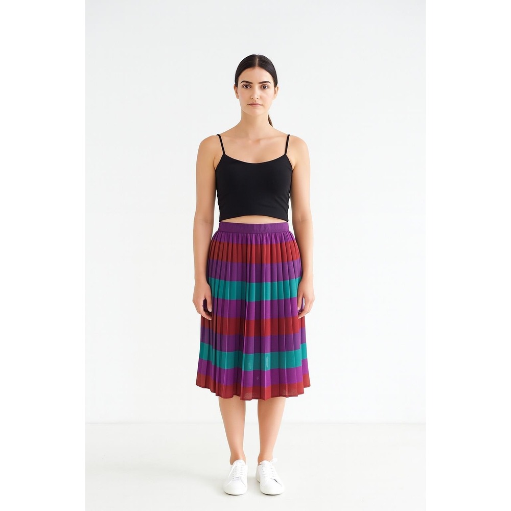 pleated striped skirt 80s vtg purple turquoise orange knee length‎ skirt